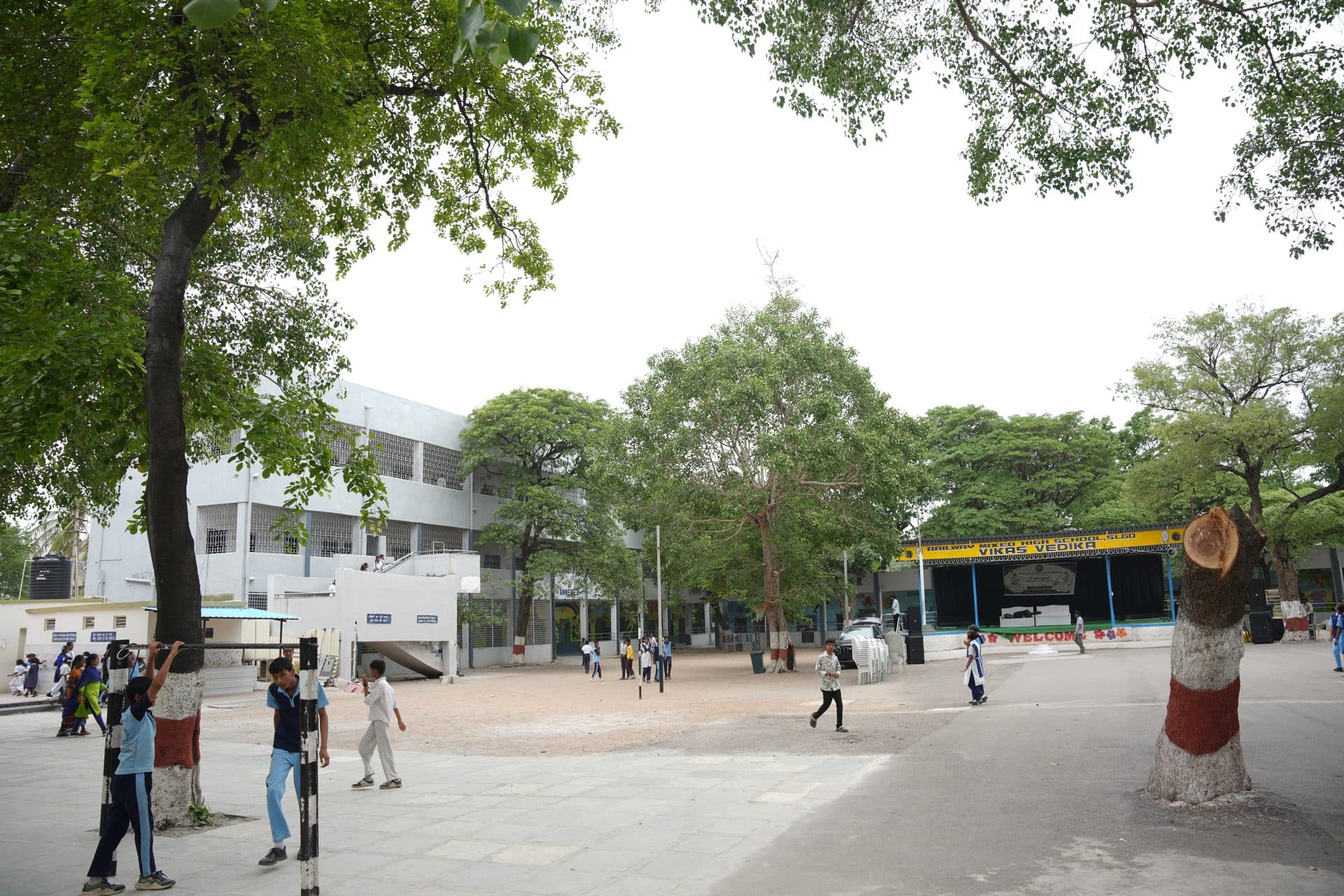 The tree-lined main avenue of the school campus with students walking between buildings